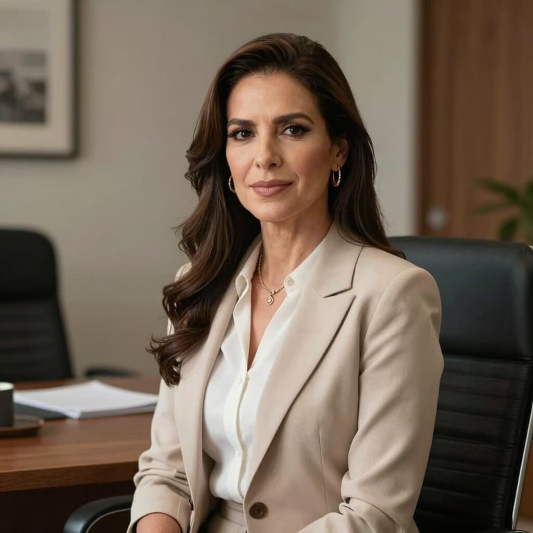 Lic. Mayra V. Oliva Estrada in a professional portrait, wearing elegant attire in a sophisticated office space.