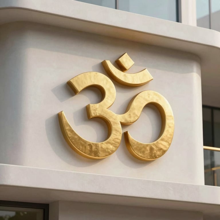 A symbolic close-up of a golden 'Om' symbol integrated into a modern, light-filled architectural detail.