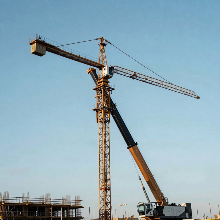 A heavy-duty mobile crane extending its boom on a construction site in a Eastern European / Russian setting, steel blue tones.