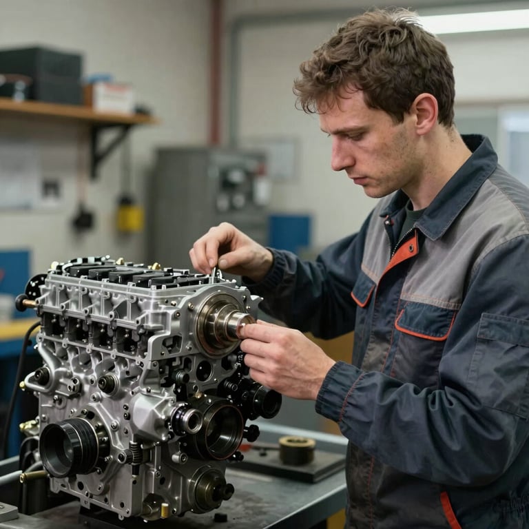 A professional technician in workwear inspecting an engine in an Eastern European / Russian workshop environment.