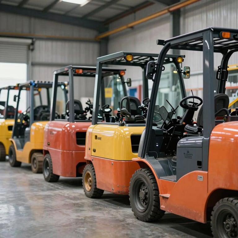 A group of diverse industrial trucks parked in a clean warehouse facility, modern and professional.