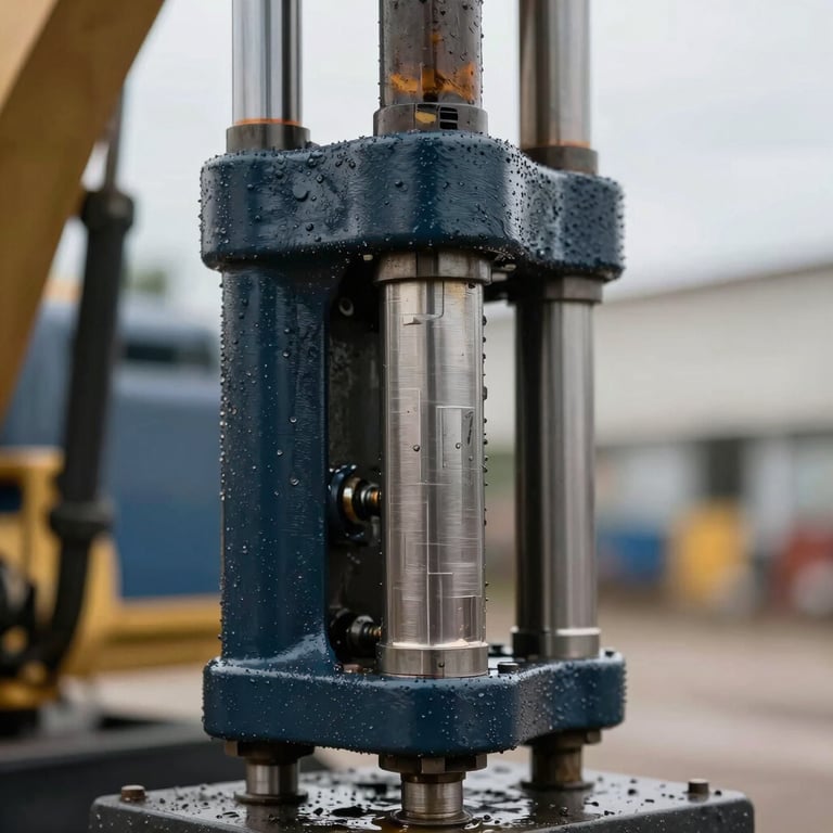 Detailed close-up of a hydraulic piston on a construction machine, oily metal textures, dark charcoal blue accents.