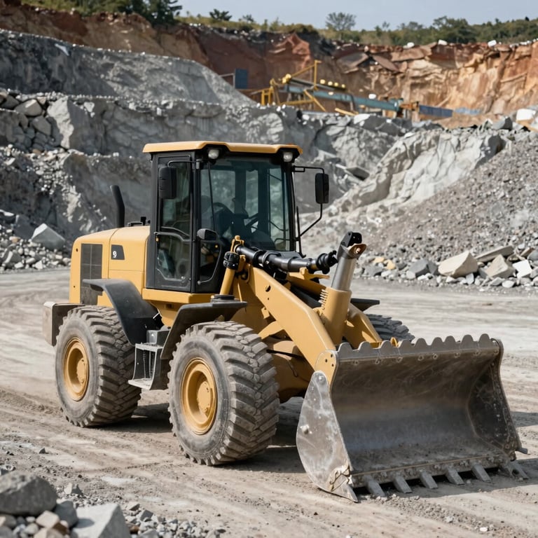 A front-end loader moving gravel in a quarry, daylight, realistic industrial style.