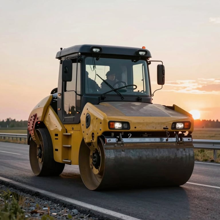 A modern road roller paving a new highway in an Eastern European / Russian landscape, sunset lighting.