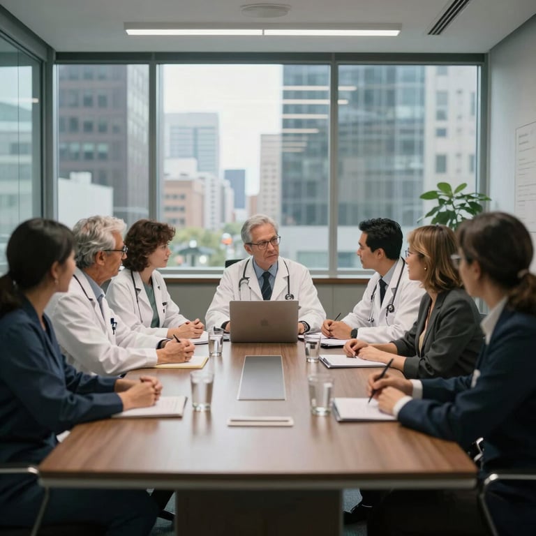A collaborative meeting of healthcare professionals in a glass-walled conference room in a North American / US city at daytime.