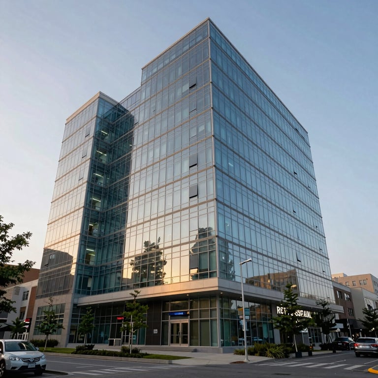 Exterior of a state-of-the-art glass medical facility in a North American / US urban setting during the golden hour.