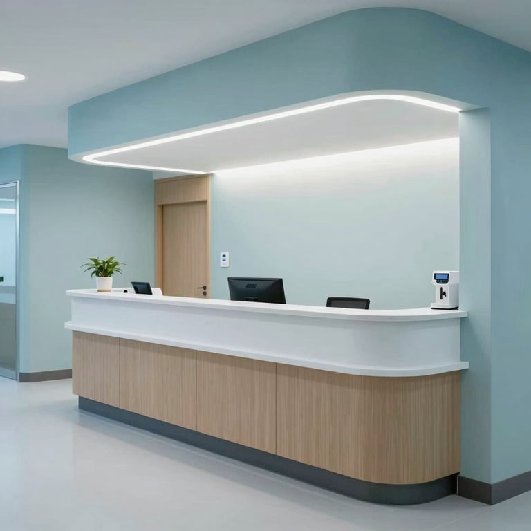 A sleek North American / US medical clinic reception area with contemporary architectural lines and soft pale blue lighting.