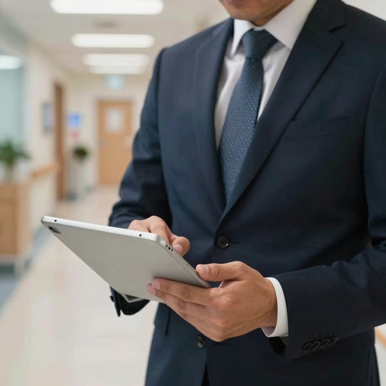 A close-up photograph of a professional in business attire using a slim tablet in a bright North American / US hospital hallway.