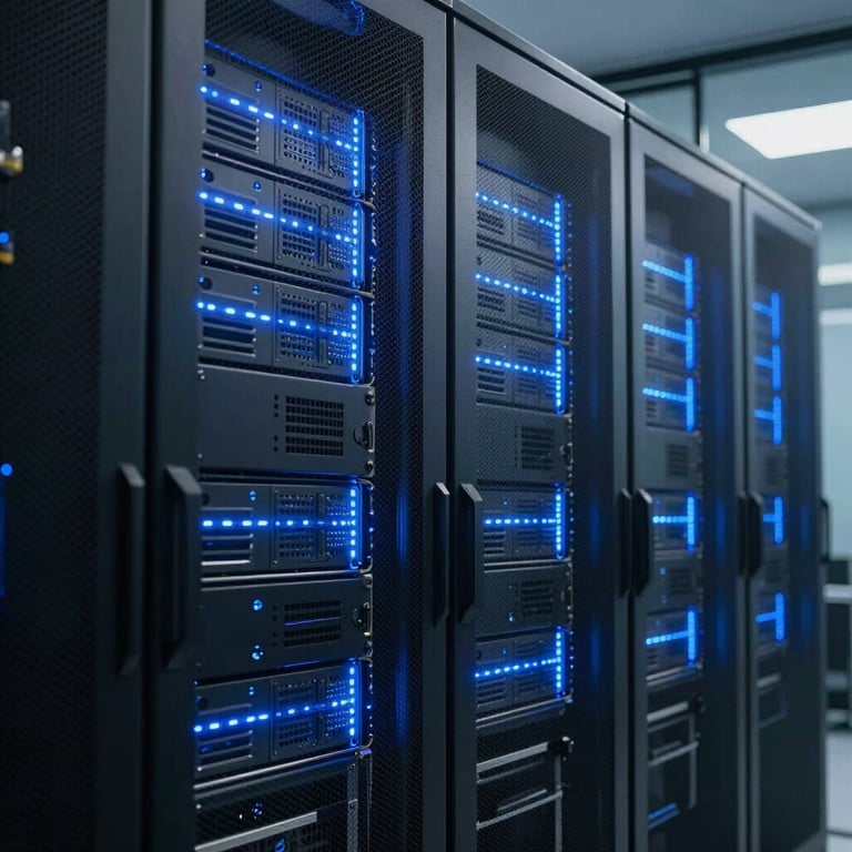 A high-tech server room with blue LED lighting representing secure cloud infrastructure and innovative data management.
