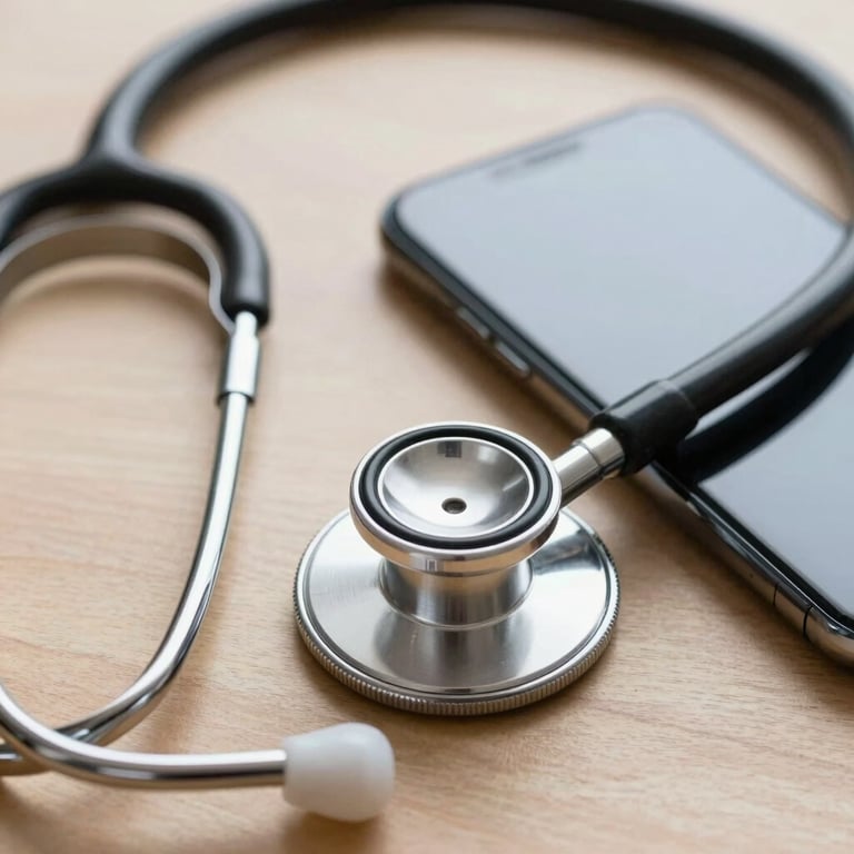 A close-up shot of a modern stethoscope resting on a clean wooden surface beside a high-resolution smartphone.
