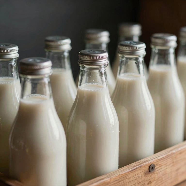 A row of traditional glass milk bottles with silver caps in a wooden crate, soft morning light, dark charcoal brown and warm beige palette.