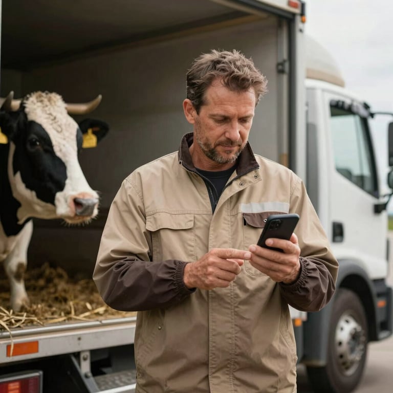 A professional dairyman checking his smartphone while standing by a clean delivery truck, warm beige and dark charcoal brown clothing.