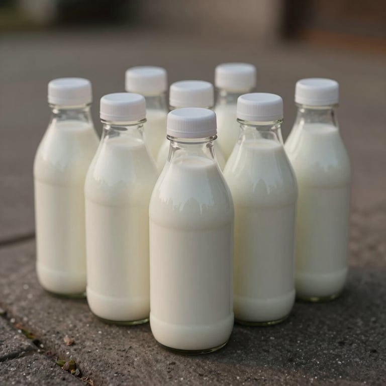 A close-up of fresh milk bottles placed neatly on a stone doorstep in the early morning, muted taupe brown and grey tones.