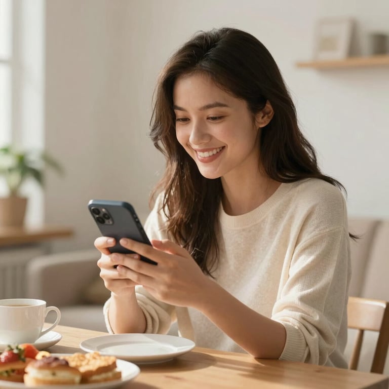 A young woman smiling while looking at her smartphone in a sunlit breakfast room, warm beige and off-white tones.