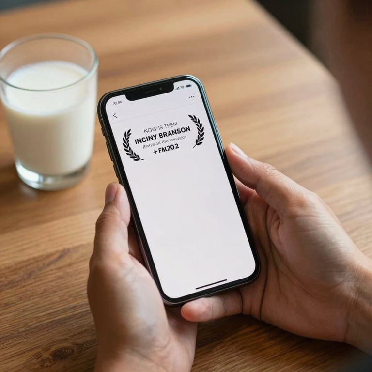 Close-up of hands holding a smartphone displaying a clean interface, sitting at a wooden table with a glass of milk, professional photography.