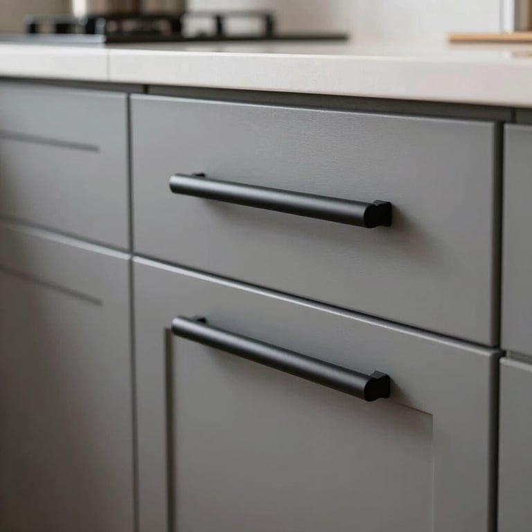 High-end kitchen cabinetry featuring matte black hardware and clean, contemporary lines.