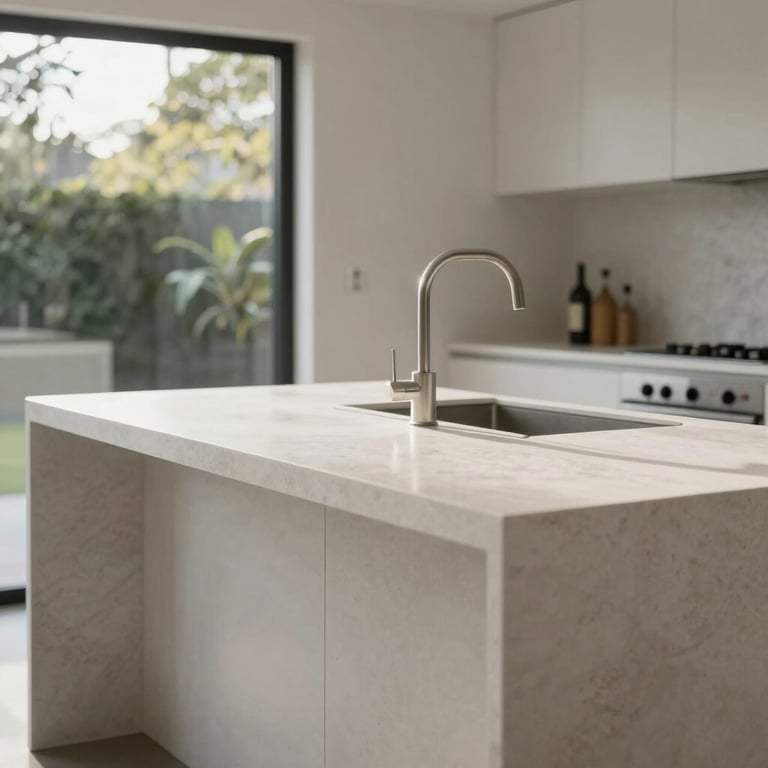 A minimalist kitchen island with a white stone countertop in a sun-drenched Auckland home.