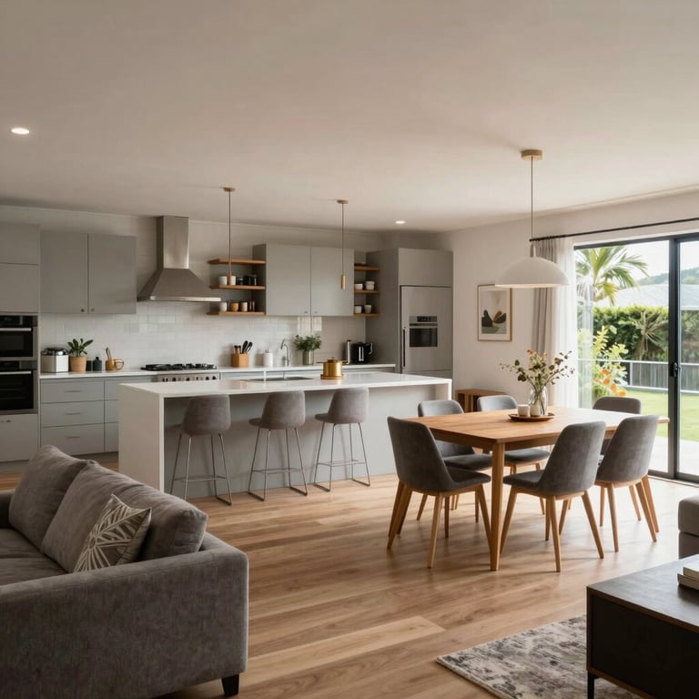 A wide shot of a fully renovated open-plan living space in New Zealand, blending kitchen and dining areas.
