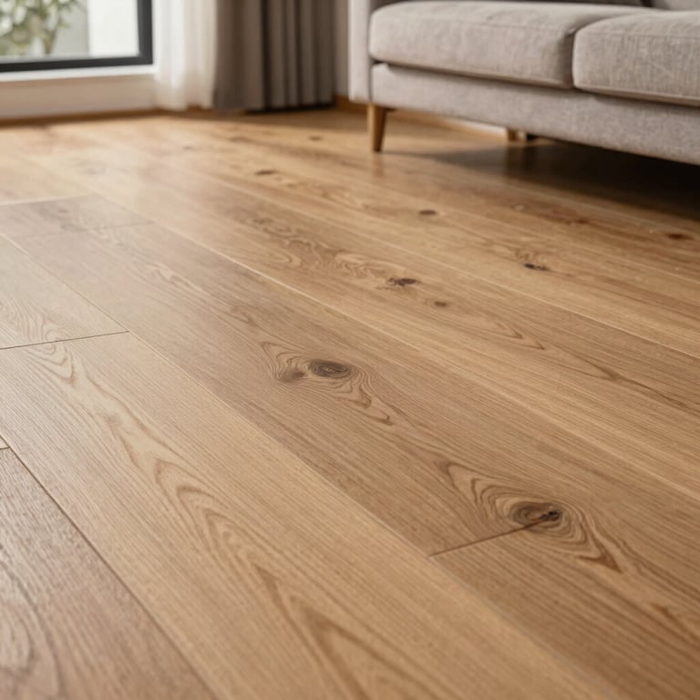 Detail shot of premium timber flooring installed with expert precision in a modern living room.
