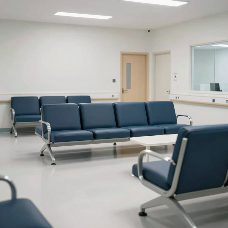 A spacious and clean hospital reception area with a minimalist design in shades of dark blue and white, featuring comfortable seating.
