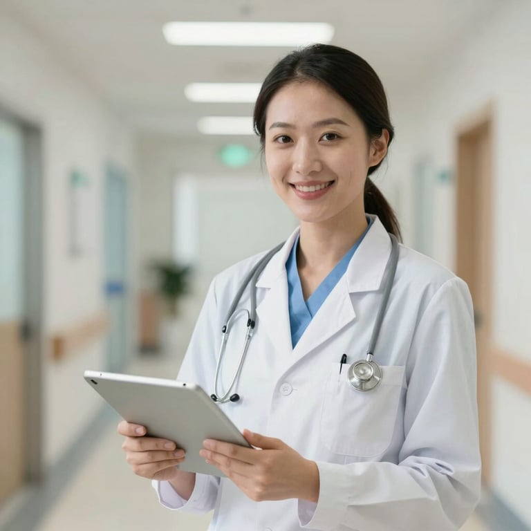 A smiling healthcare professional in a white coat holding a tablet in a bright, modern hospital hallway, representing credibility.