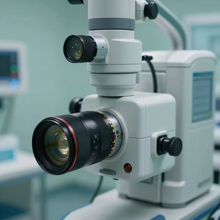 Close-up of advanced medical equipment in a clean, professional hospital setting with cool teal lighting.