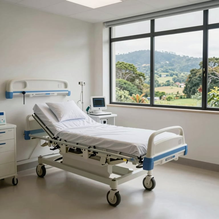 A bright and modern patient room with high-quality medical beds and large windows showing a peaceful South American environment.
