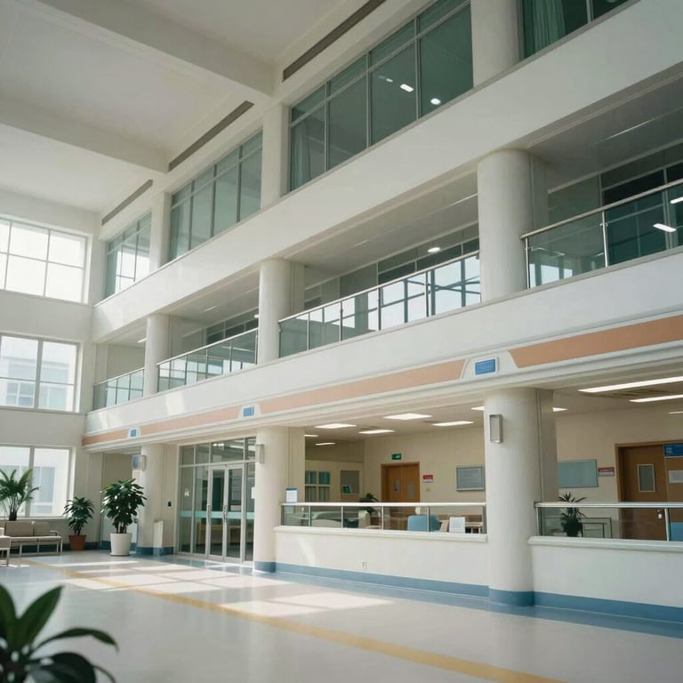 Detailed shot of the hospital's interior architecture showing clean lines, glass, and a compassionate, welcoming atmosphere.