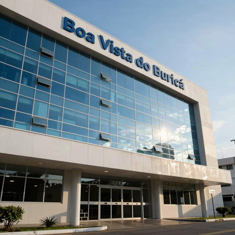 Exterior of a modern hospital building in Boa Vista do Buricá, Brazil, under clear daylight, reflecting a reliable and professional institution.