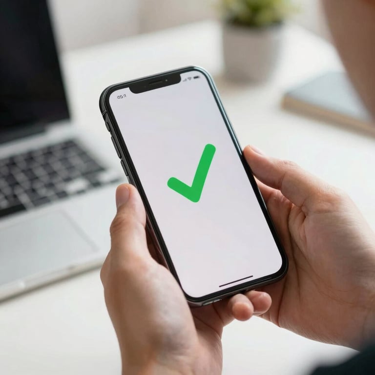 Close up of hands holding a smartphone displaying a clean green checkmark interface, bright natural light, professional setting.