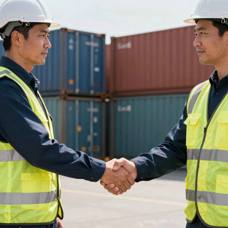 Two logistics professionals shaking hands in front of a cargo terminal, shot in natural daylight.