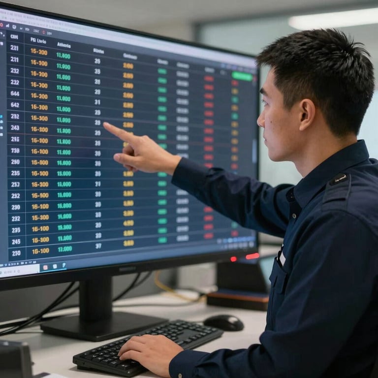 A dispatcher in a dark navy shirt pointing at a data-rich screen showing transportation schedules.