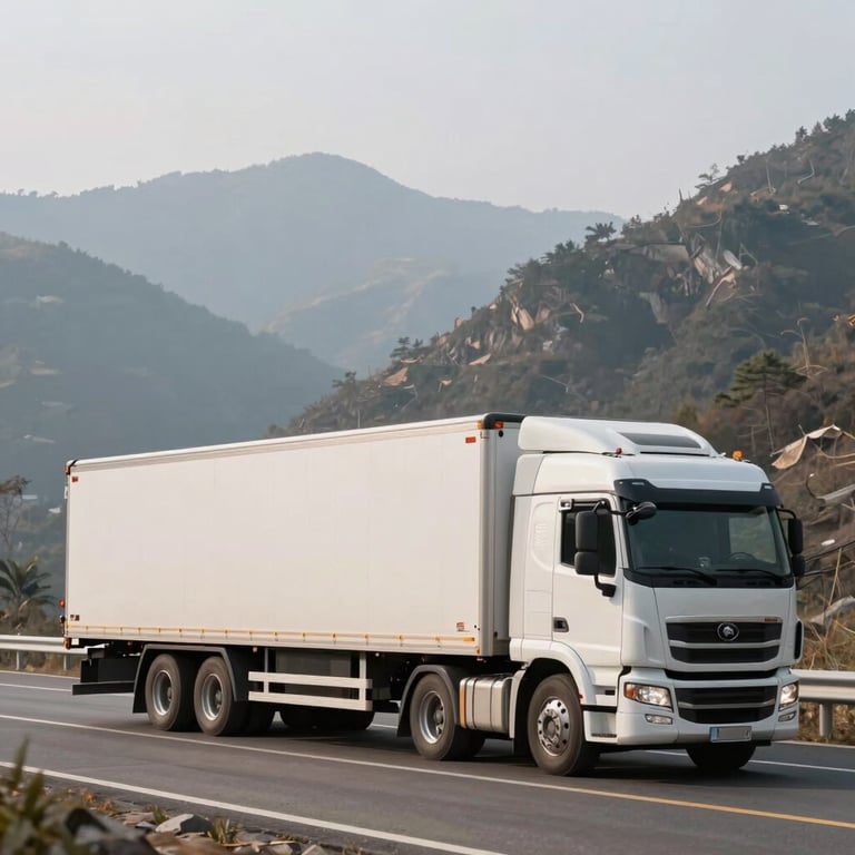 A side-view of a clean, professional semi-trailer driving through a soft off-white mountain pass.