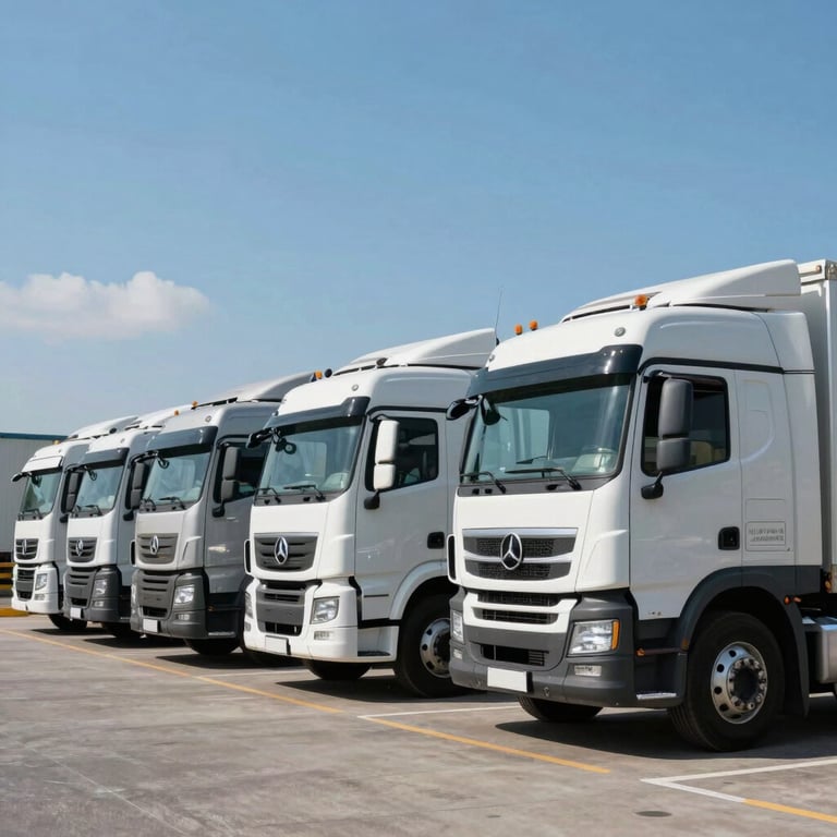 A fleet of modern logistics trucks parked in a clean yard under a bright steel blue sky.