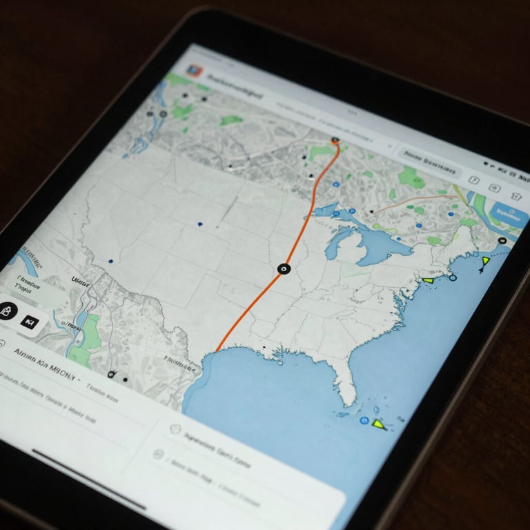Close-up of a professional tablet showing a GPS route tracking across the United States in light blue-grey tones.