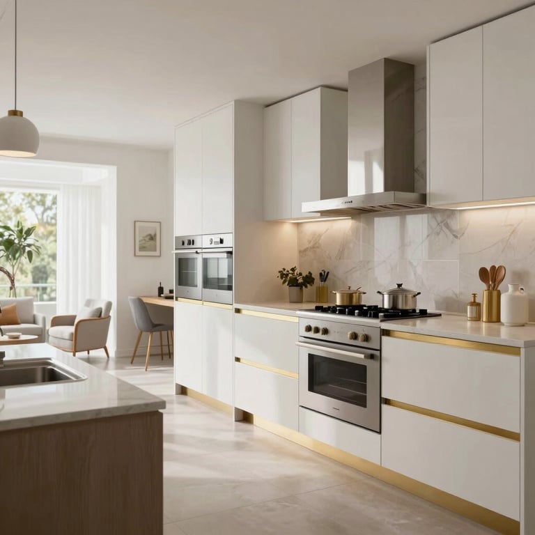 Luxury kitchen renovation showing a seamless transition to a bright living area with clean lines and gold accents.