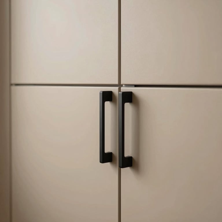 Modern minimalist custom cabinetry in a warm beige finish with matte black handles and integrated lighting.