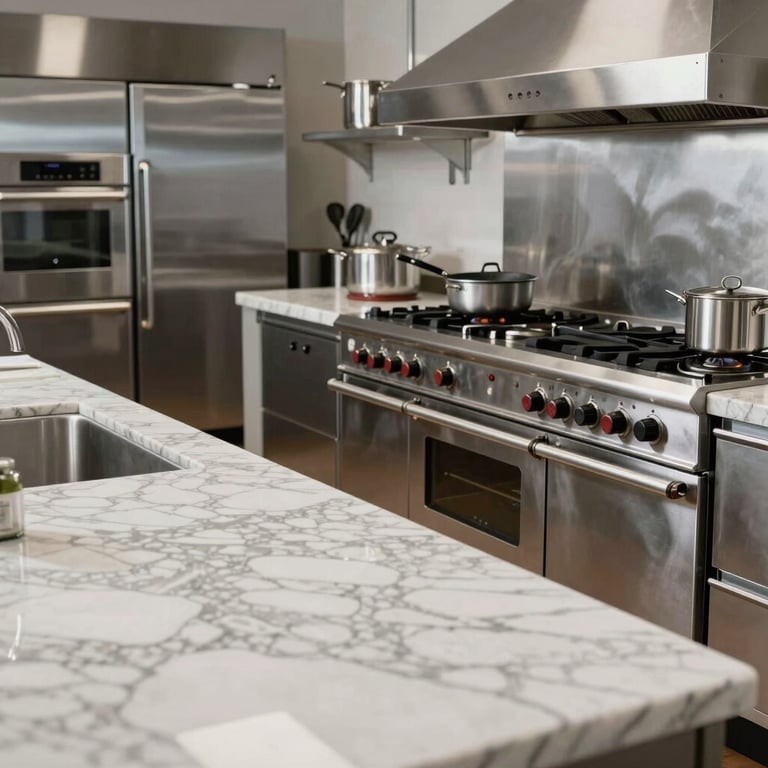 A chef-grade kitchen layout with professional stainless steel appliances and expansive marble work surfaces.