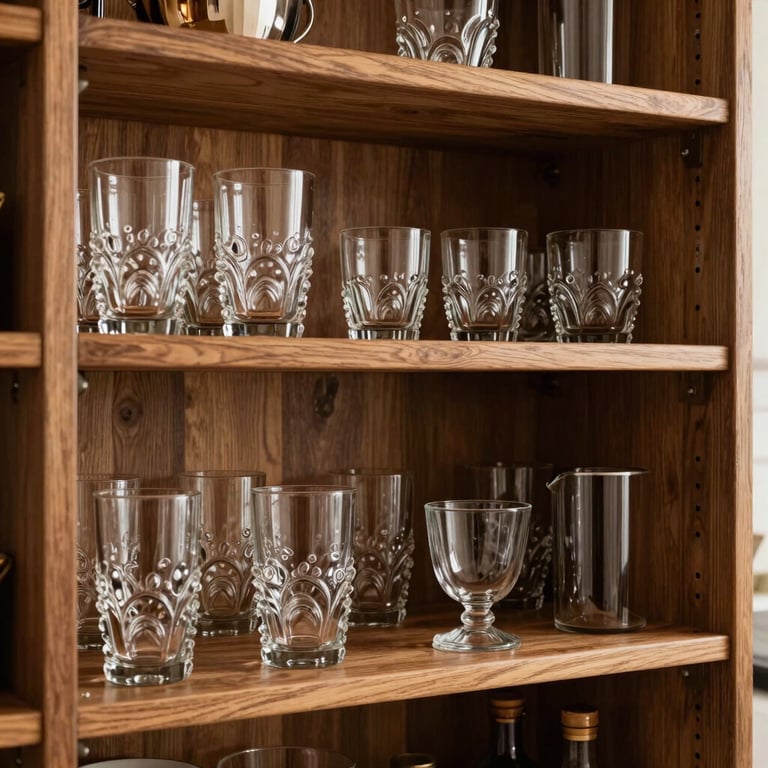 Detail of a custom-designed kitchen pantry with warm wood shelving and organized designer glassware.