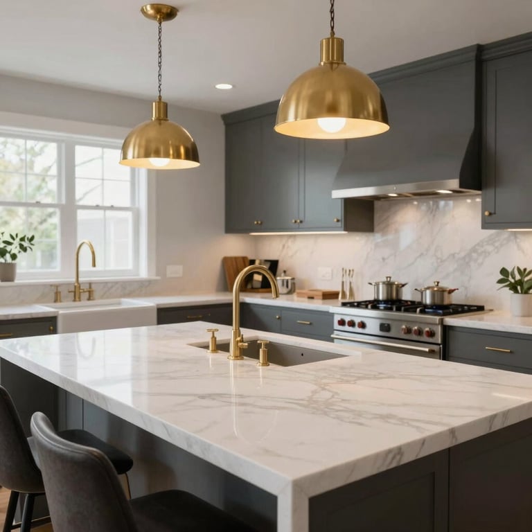 A high-end kitchen featuring a long white marble island and gold pendant lights in a North American / US residence.
