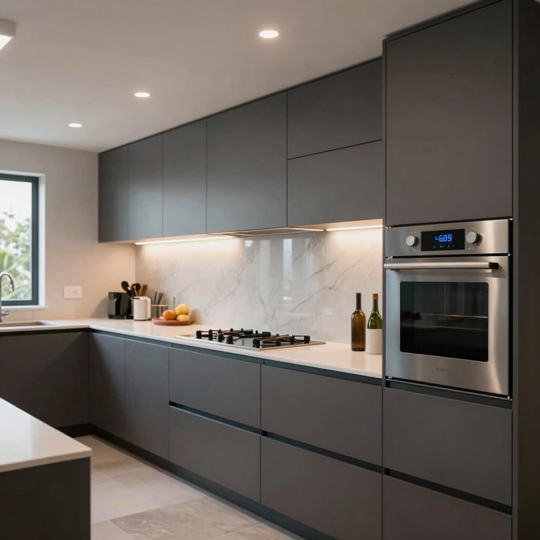 An open-concept luxury kitchen with smart appliances and architectural lighting in a contemporary Los Angeles home.