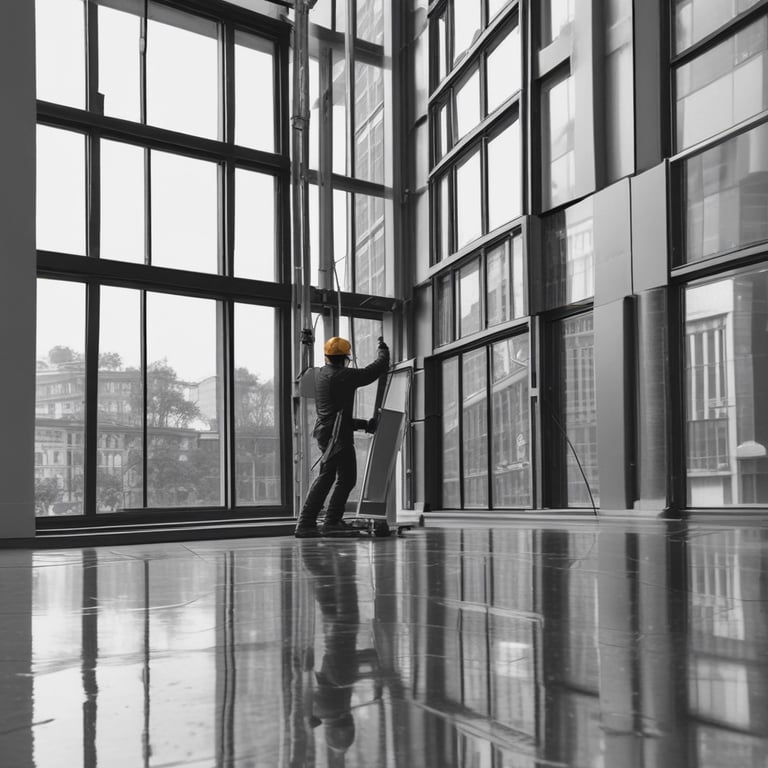 Post-construction cleaning crew removing debris from a new building.