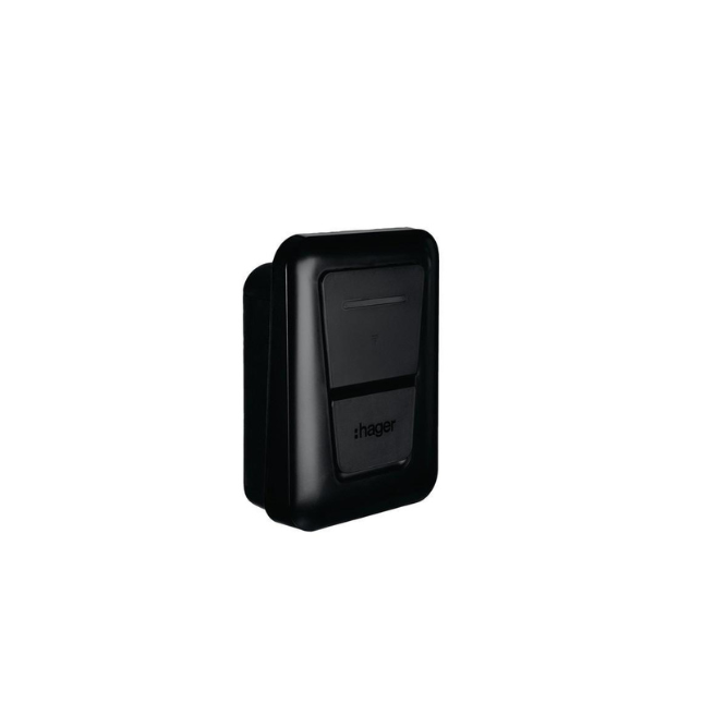 Black Hager wireless wall switch transmitter for smart home lighting control.