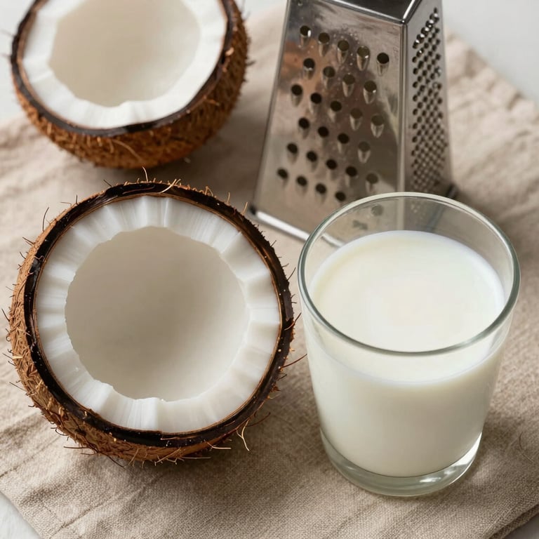 Artistic overhead shot of baking ingredients including a coconut, a grater, and a glass of milk on a tan linen cloth.