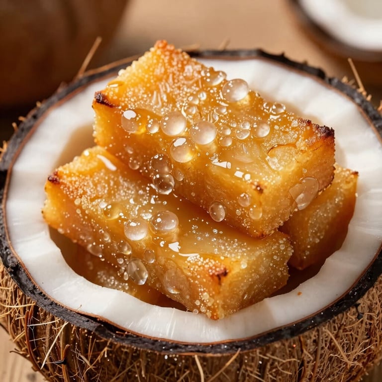 Macro photography of the glistening macapuno coconut strings layered on top of a warm, baked cassava treat.