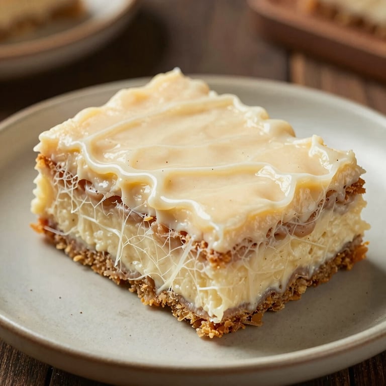 Close-up of a chewy cassava cake slice on a sand-colored ceramic plate, showing the creamy texture and macapuno strings.