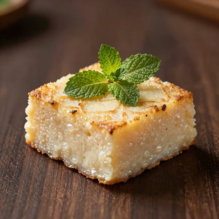 Beautifully plated cassava cake square topped with a sprig of mint, set against a dark brown background.