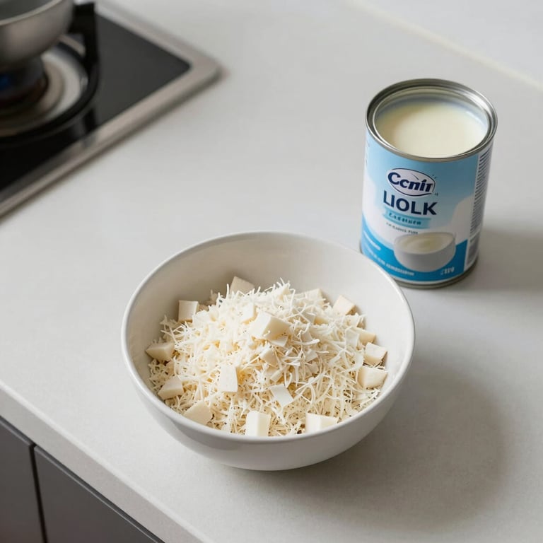 Top-down view of a clean, modern kitchen counter with a white bowl of grated cassava and a can of condensed milk.
