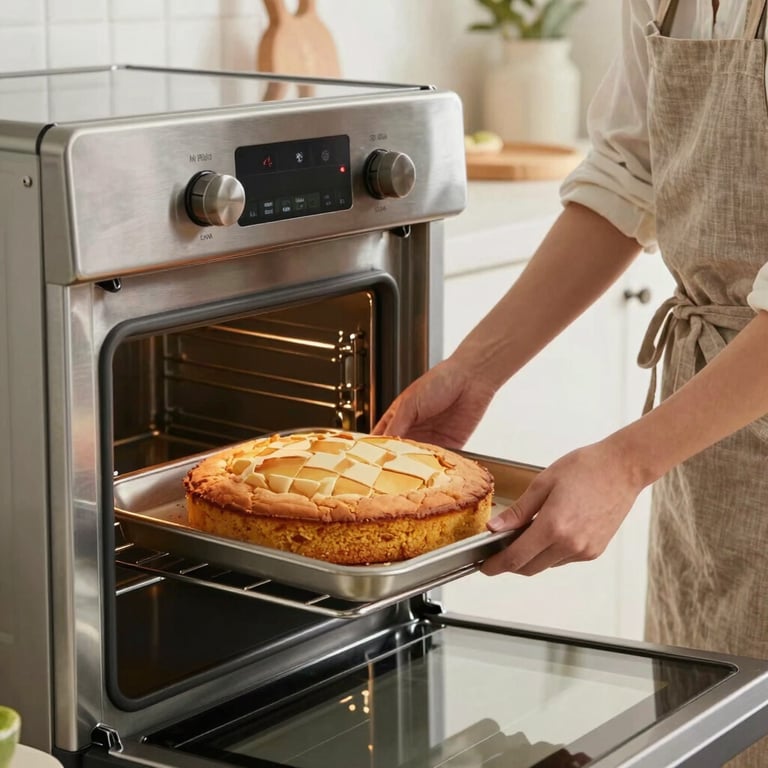 A person in a simple linen apron placing a cassava cake into a modern stainless steel oven in a US home.
