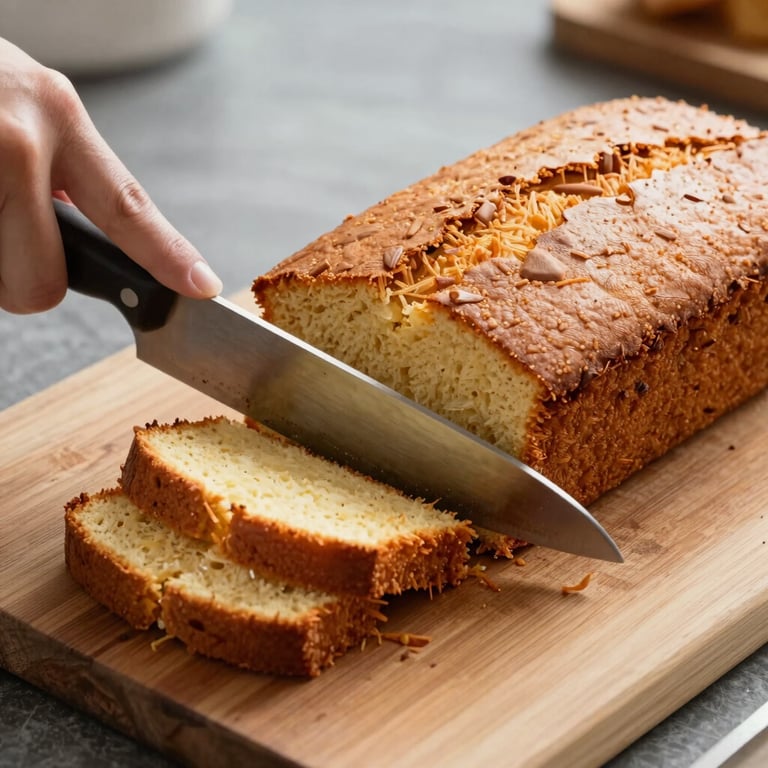 A rectangular cassava cake being sliced with a sharp knife on a wooden cutting board in a North American setting.